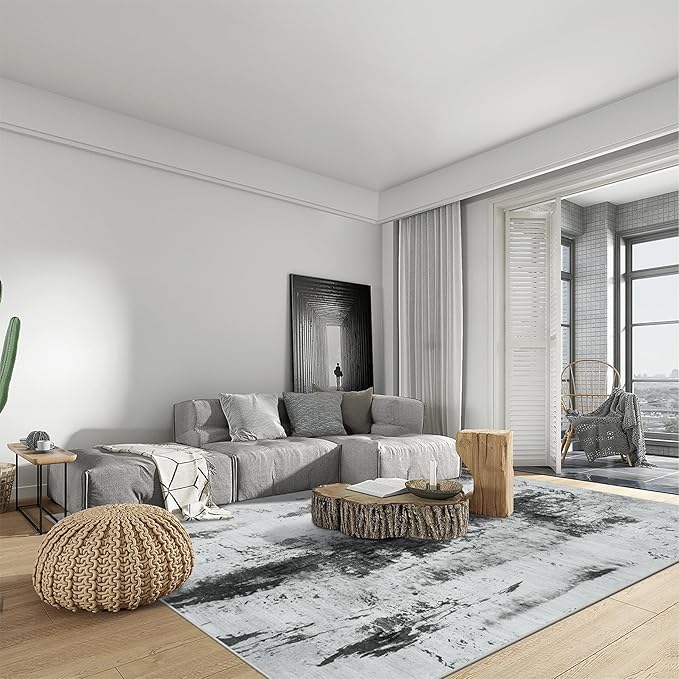 6x9 Area Rugs Washable Rug: Large Modern Abstract Living Room Rug Soft Anti-Skid Thin Carpet Indoor Floor Non-Shedding Carpets for Bedroom Dining Room Farmhouse Nursery Home Office Black White Grey