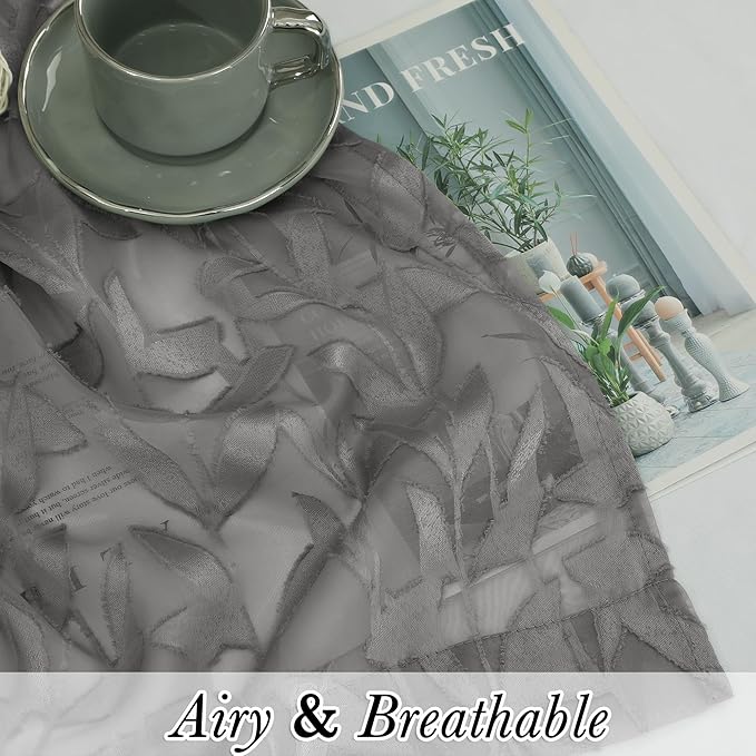 Lecloud Leia Charcoal Grey Sheer Curtains 108 Inches Long 2 Panels, Airy Jacquard Textured Voile Curtains, Gauzy Aesthetic Drapes with Dual Rod Pockets for Living Room Bedroom, Each 52" W x 108" L