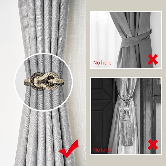 NICEEC 2 Pack Mini Magnetic Curtain Tiebacks Nordic Simple Style Drape Tie Backs Elegant Hand Weave Rope Knot Decorative Curtain Holdbacks for Home & Office Thin Window Drapery (Coffee & Beige)