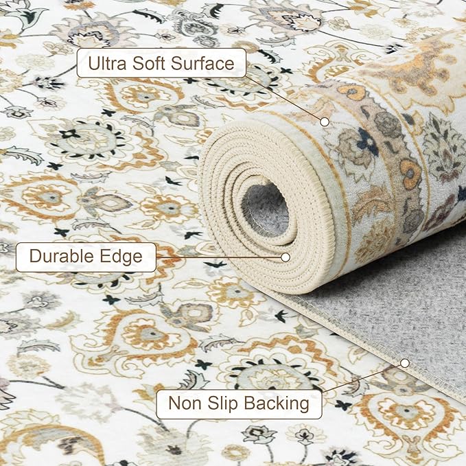 6x9 Area Rugs Living Room Rug: Washable Vintage Boho Rug No Slip Stain Resistant Soft Carpet Indoor Floor Floral Large Carpets for Bedroom Dining Room Farmhouse Nursery Home Office Beige