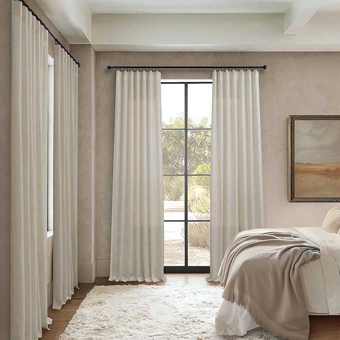 Pitalk Flax Linen Curtains 90 Inches Long for Bedroom 2 Panels Set Back Tab Loop Pocket Rustic Farmhouse Drapes Light Filtering Semi Sheer Tan Beige Curtain for Living Room 52x90 Length