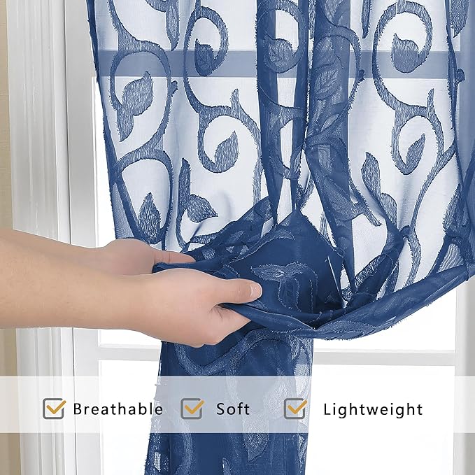 OWENIE Furman Sheer Curtains 72 inches Long 2 Panels Set, Light Filtering Top Rod Pocket Semi Sheer Door Curtains, Geometric Jacquard Clip Design for Bedroom Living Room, Blue 40Wx72L inch