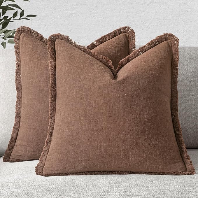 MIULEE Decorative Throw Pillow Covers Neutral Linen Fringe Throw Pillows Euro Shams Set of 2 Dark Coffee Boho Farmhouse Cushion Covers for Couch Sofa Bed Living Room Spring Home Decor 24x24 Inch