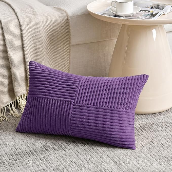 Fancy Homi 2 Packs Purple Lumbar Decorative Throw Pillow Covers 12x20 Inch for Living Room Couch Bed, Farmhouse Boho Home Decor, Soft Striped Corduroy Rectangle Accent Cushion Case 30x50 cm