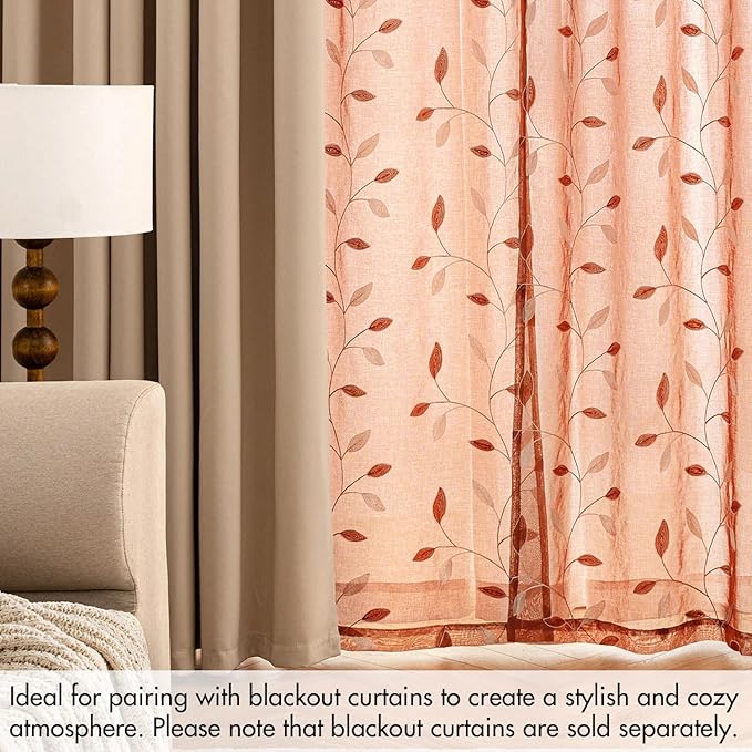 MIULEE Burnt Orange Sheer Curtains 2 Panels Embroidered Leaf Patterned Rod Pocket Floral Semi Faux Linen Window Fall Curtains Drapes Set for Living Room Bedroom Dining Room, 52x63 Inches Long