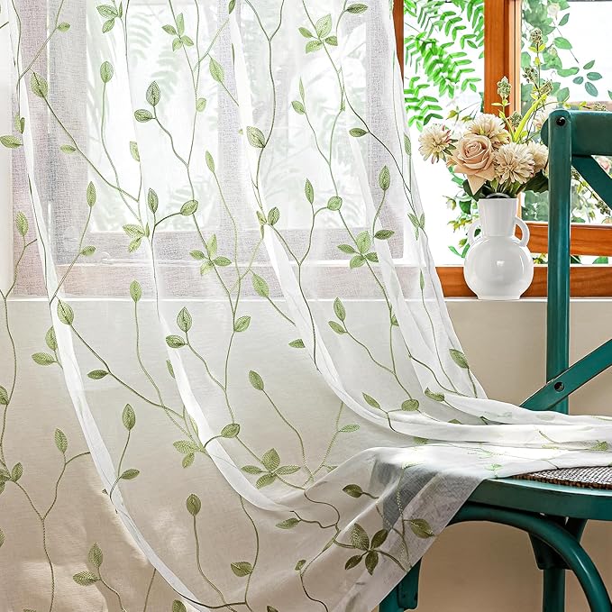 AmHoo 2 Panels Embroidered Leaf Pattern Semi Sheer Curtains Foliage Floral Voile Window Draperies Treatment for Bedroom Living Room Rod Pocket White Light Green 53 x 95 Inch