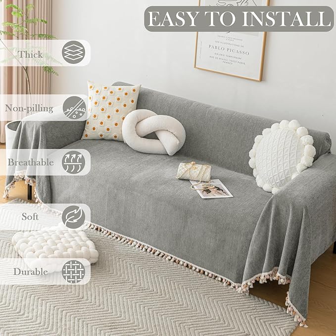HANDONTIME Couch Slipcovers for Sofas Dark Grey Couch Cover Sofa Cover for Dogs Boho Pet Couch Protector with Tassel Chenille Herringbone Couch Cover for 2 3 Seat Washable Pet Friendly, 71" X134"