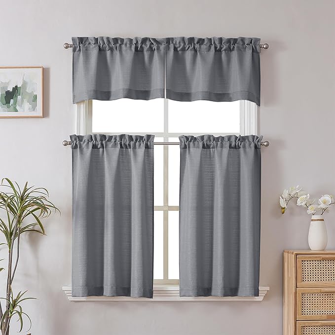 Chyhomenyc Dark Grey Short Curtain Valance for Windows, Faux Linen Textured Half Window Curtains, Burlap Solid Topper Small Curtain Valance for Bathroom Laundry Basement, 60Wx18L Inch, 1 Piece