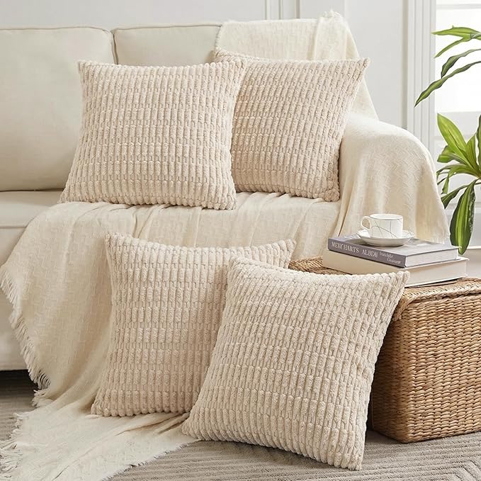 Fancy Homi 4 Packs Beige Decorative Throw Pillow Covers 20x20 Inch for Living Room Couch Bed Sofa, Tan Rustic Farmhouse Boho Home Decor, Soft Plush Striped Corduroy Square Cushion Case 50x50 cm