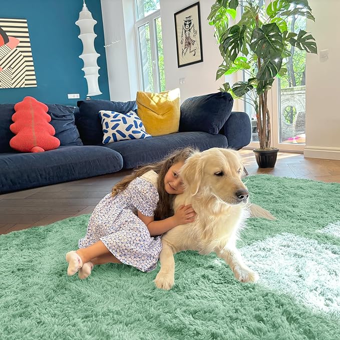 OLANLY 2x3 Machine Washable Small Bedside Rug, Soft Fluffy Shaggy Entryway Throw Rugs for Bedroom, Living Room, Indoor Floor Carpet for Kids Girls Boy, Nursery Rooms, Home Decor Aesthetic, Mint Green
