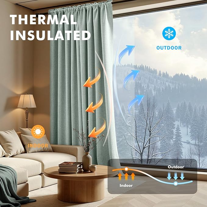 MIULEE 100% Blackout Linen Curtains for Bedroom, Seafoam Green Solid Luxury Decor Thermal Insulation Room Darkening Drapes for Living Room Nursery Back Tab Rod Pocket 42 x 63 Inches, 2 Panels
