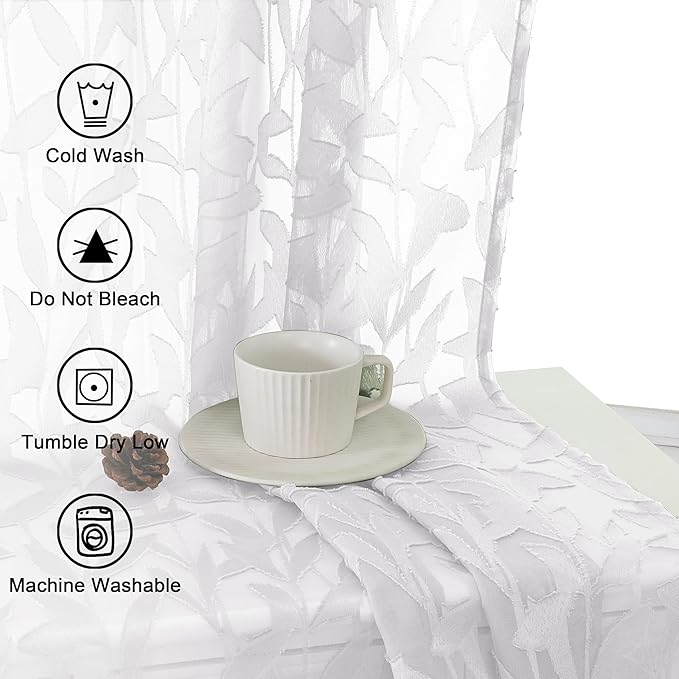 Lecloud Leia White Sheer Curtains 63 Inch Length 2 Panels, Rustic Light Filtering Privacy Voile Leaf Aesthetic Curtain, Dual Rod Pockets Drapes for Living Room Dining Room, Each 42" W x 63" L