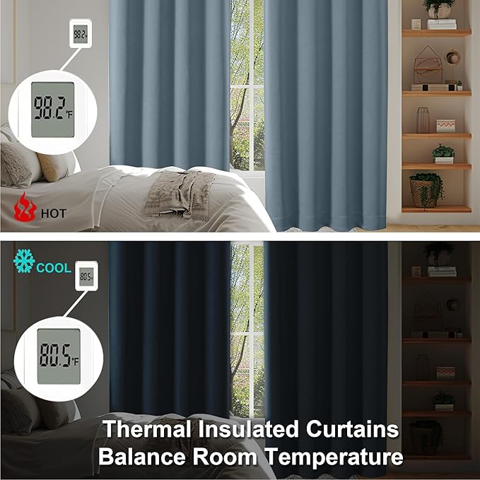 Simplebrand Ava Stone Blue Blackout Curtains for Bedroom 63 Inch Length 2 Panels Set, Solid Thermal Insulated Privacy Living Room Window Treatment Curtains Blackout Drapes, W50 x L63 Inch