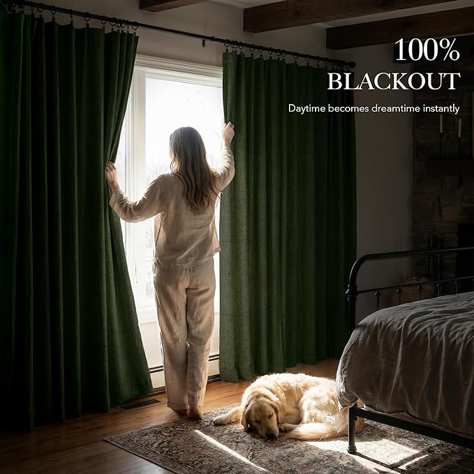 RYB HOME Olive Green 100% Blackout Linen Curtains 84 inches Long, Luxury Thermal Insulated Room Darkening Drapes for Living Room/Bedroom/Sliding Doors, Back Tab&Rod Pocket, W52xL84, 2 Panels
