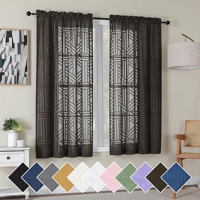 Simplebrand Chocolate Semi Sheer Curtains 63 Inch Length 2 Panels, Light Filtering Geometric Jacquard Clip Textured Short Sheer Curtains for Bedroom，Modern Elegant Window Curtains Drapes，42x63 inch