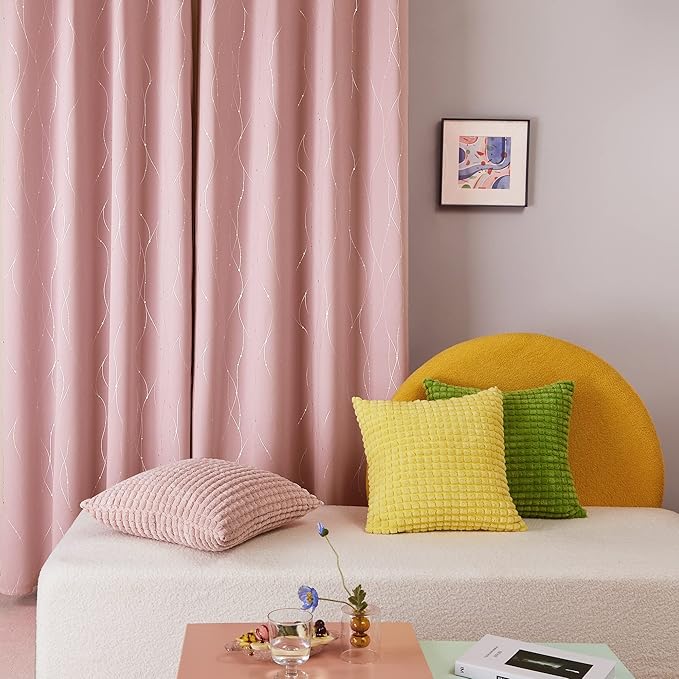 Deconovo Pink Blackout Curtains for Bedroom, Thermal Insulated Soundproof Pravicy Curtain, Silver Wave Dots Print, 42 x 84 Inch Long, Machine Washable Window Panels for Kids Room Nursery, Set of 2