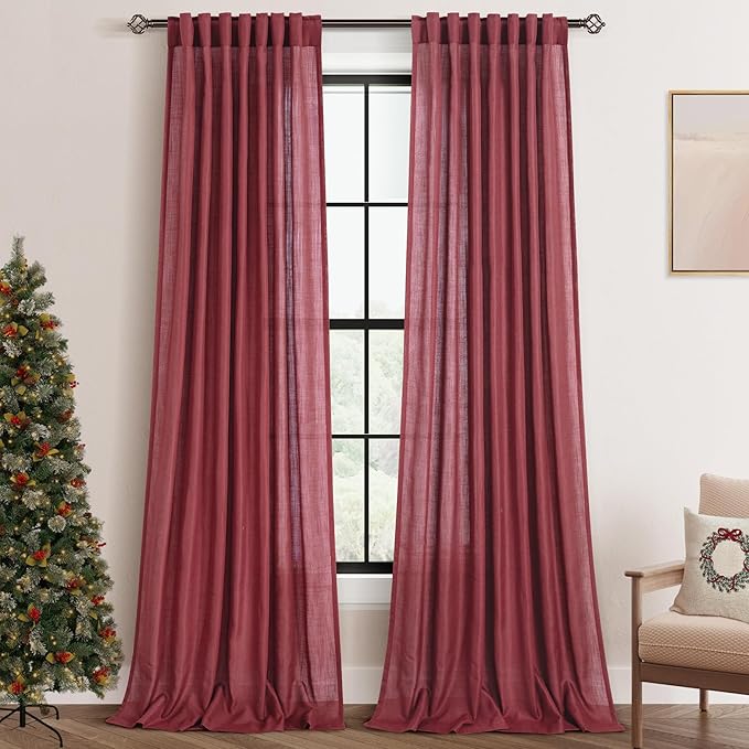 Burgundy Curtains for Living Room Back Tab Modern Farmhouse Semi Sheer Burgundy Curtains 84 inches Long 2 Panels Set Muted Neutral Window Curtain for Dining Room Bedroom 52x84