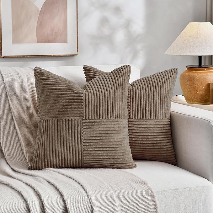 Fancy Homi Set of 2, Light Brown Patchwork Corduroy Decorative Soft Striped Modern Accent Cushion Case Farmhouse Boho Neutral Throw Pillow Covers for Chair Couch Bed Sofa Living Room 26x26 Inch