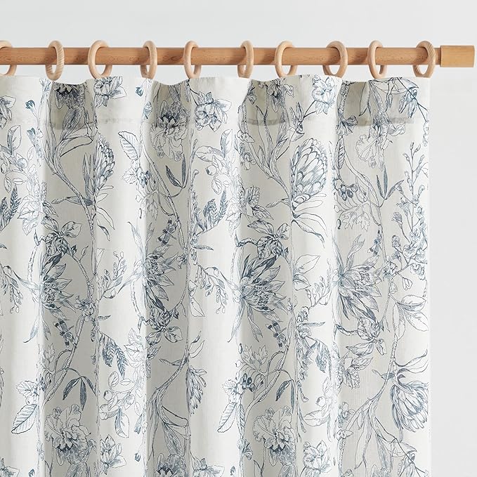 jinchan Floral Curtains 84 Inches Long Blue Flower Linen Farmhouse Curtain for Living Room French Country Vintage Curtain Rod Pocket Curtains Set 2 Panels Blue Floral Printed