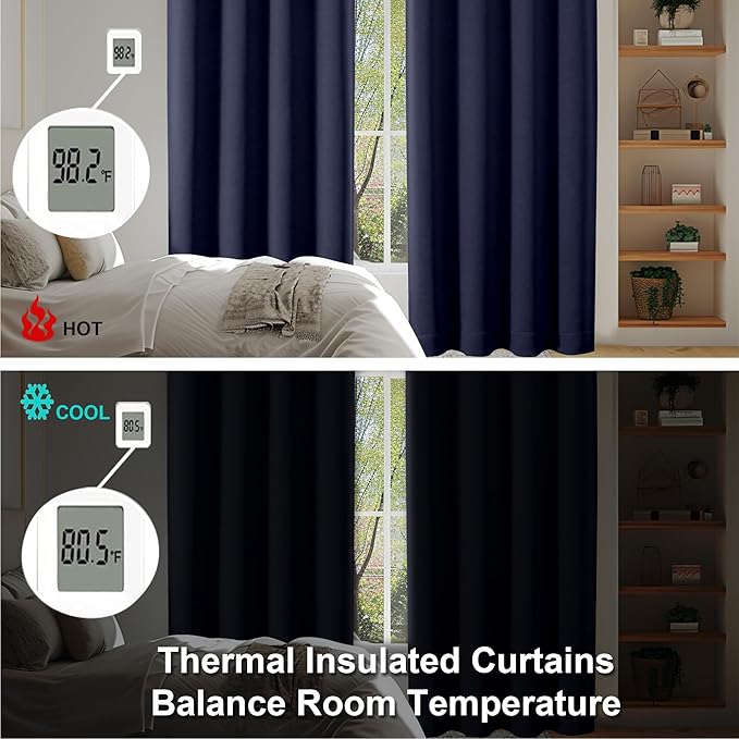 Simplebrand Navy Blue Blackout Curtains for Bedroom 102 Inches Long 2 Panels, Solid Thermal Insulated, Energy Saving Living Room Window Treatment Curtains Blackout Drapes, W50 x L102 Inch, Navy Blue