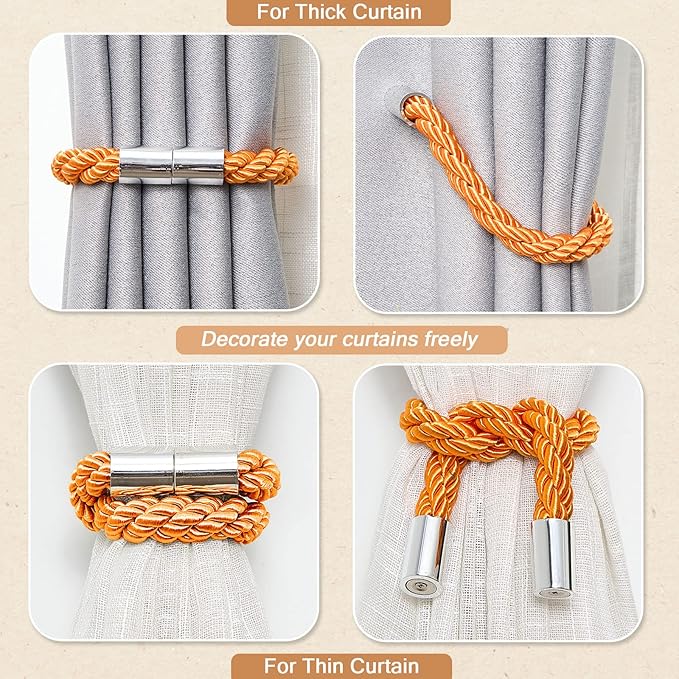 NICEEC 2 Pack Strong Magnetic Curtain Tiebacks Modern Simple Style Drape Tie Backs Convenient Decorative Weave Rope Curtain Holdbacks for Thin or Thick Home & Office Window Draperies (Orange)