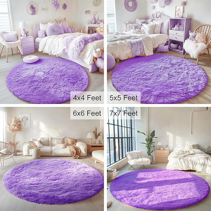 OLANLY Purple Round Rugs for Bedroom - Machine Washable, 7 ft Circle Area Rugs for Living Room, Soft and Fluffy Shaggy Carpet for Teen Girls and Boys, Nursery Rooms, Dorms, Home Decor Aesthetic