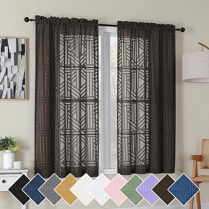 Simplebrand Chocolate Semi Sheer Curtains 54 Inch Length 2 Panels, Geometric Jacquard Clip Textured Short Sheer Curtains for Bedroom，Modern Elegant Window Curtains Drapes/Treatment Sheer，42x54 inch