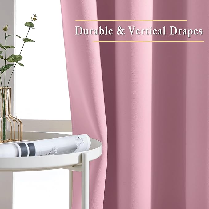NICETOWN Room Darkening Bedroom Curtains 63 inches Long, Window Treatment Thermal Insulated Solid Grommet Voice Reducing Drapes for Kids Room, Crystal Pink, Set of 2, W46 x L63