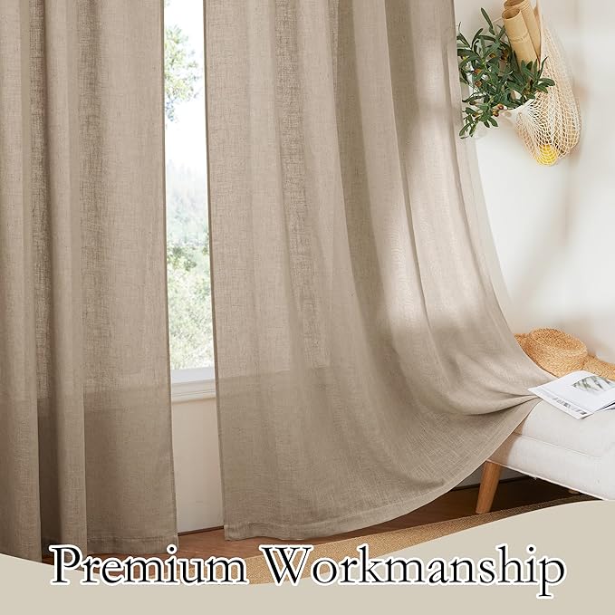 RYB HOME Light Filtering Linen Sheer Curtains, Back Tab Rod Pocket Privacy Protected Linen Blend Burlap Panels for Farmhouse/Living Room/Dining Room, Khaki, Length 84 by Width 52 inch, 2 Panels
