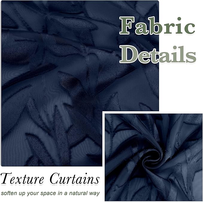 Lecloud Leia Navy Blue Sheer Valances for Windows 16 Inch Length 2 Pcs, Dual Rod Pocket Jacquard Leaf Textured Short Curtains, Kitchen Curtains Drapes for Cafe Bathroom RV, Each Panel 28" W x 16" L