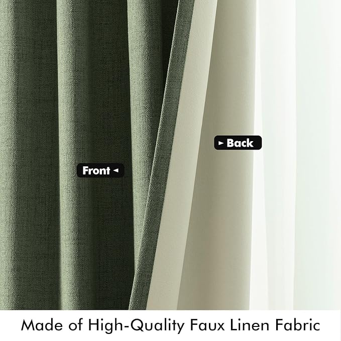 MIULEE 100% Blackout Linen Curtains for Bedroom, Olive Green Solid Luxury Decor Thermal Insulation Room Darkening Drapes for Living Room Nursery Back Tab Rod Pocket 42 x 96 Inches, 2 Panels
