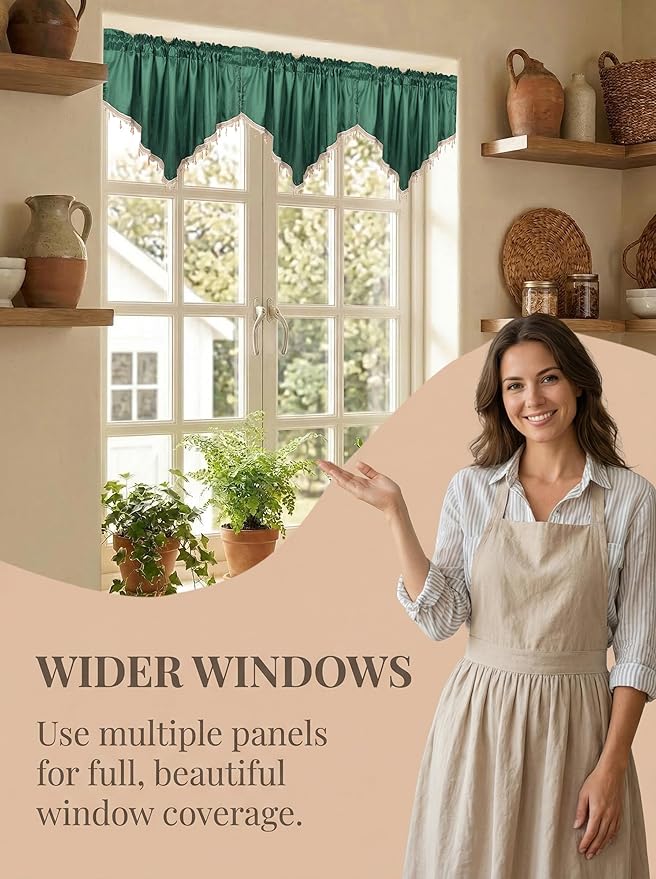Molaxhome Swag Curtain 51 inch Length Rod Pocket Scalloped Curtain Valance Sheer Lace Panels with Hanging Crystal Beads for Kitchen Bedroom Window Treatments Drape Decor 1pc (Cloth Green, 51Wx23L)