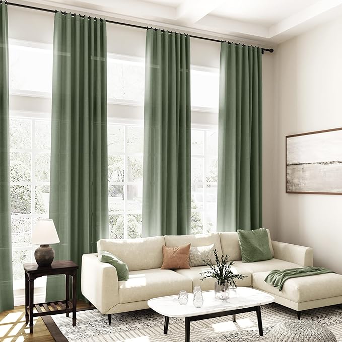 138 Inch Extra Long Curtain for Floor to Ceiling High Window Olive Green Linen Back Tab Curtains for Living Room Filtered and Breathable Semi Sheer Drapes Modern Farmhouse Boho Decor 52x138,2PCS