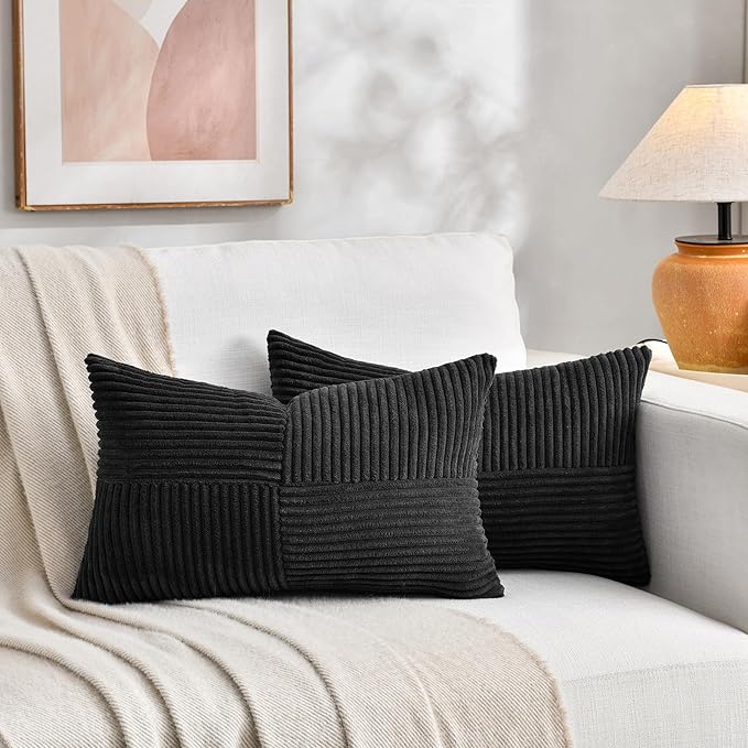 Fancy Homi 2 Packs Black Lumbar Decorative Throw Pillow Covers 14x22 Inch for Living Room Couch Bed Sofa, Rustic Farmhouse Boho Home Decor, Soft Striped Corduroy Rectangle Accent Cushion Case 35x55 cm