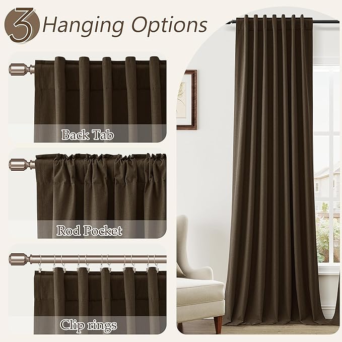 Guken 100% Blackout Curtains 96 Inch Length 2 Panels Set for Living Room Bedroom Back Tab Thermal Insulated Black Out Linen Drapes Room Darkening Chocolate,52x96