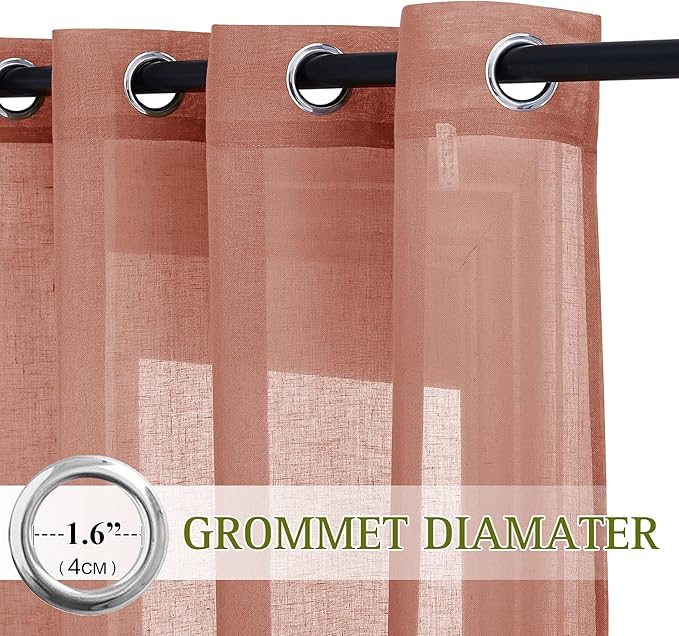 NICETOWN Linen Sheer Burnt Orange Curtains, Grommet Decorative Rustic Farmhouse Linen Blend Curtains & Drapes Privacy with Light Through for Bedroom/Living Room, W52 x L90, 1 Pair