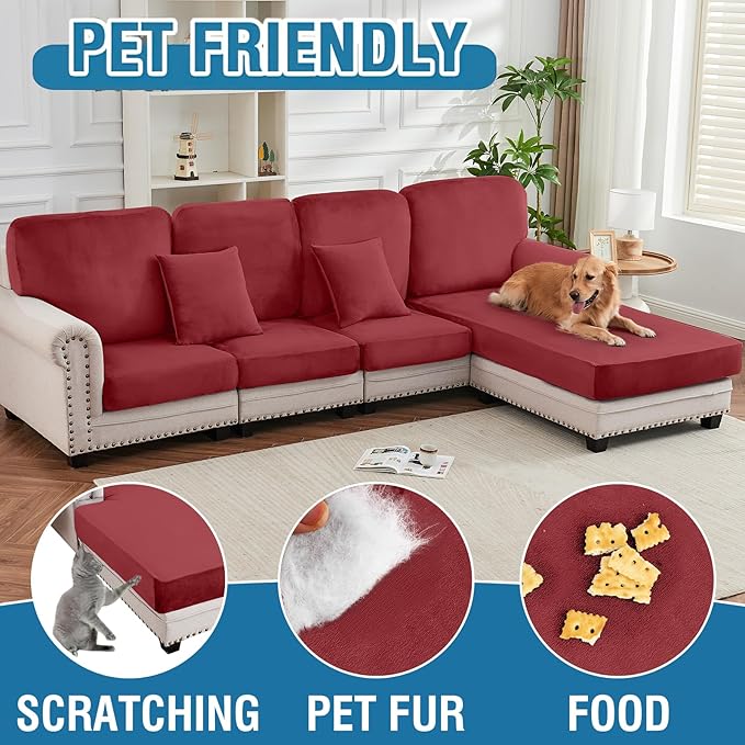 Couch Cover 4-Piece Elastic Velvet Couch Cushion Covers & Chaise Slipcovers for L-Shaped Sofas, Sofa Seat Covers Washable, Soft Cover for Couches (3 Seater + Chaise, Christmas Red)