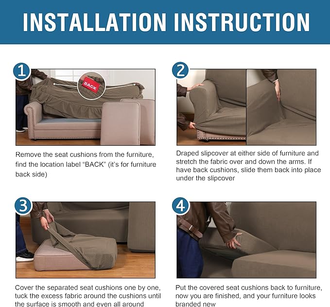 H.VERSAILTEX 4 Piece Stretch Sofa Covers for 3 Cushion Couch Covers for Living Room Furniture Slipcovers (Base Cover Plus 3 Seat Cushion Covers) Thicker Jacquard Fabric (Large Sofa, Macchiato)