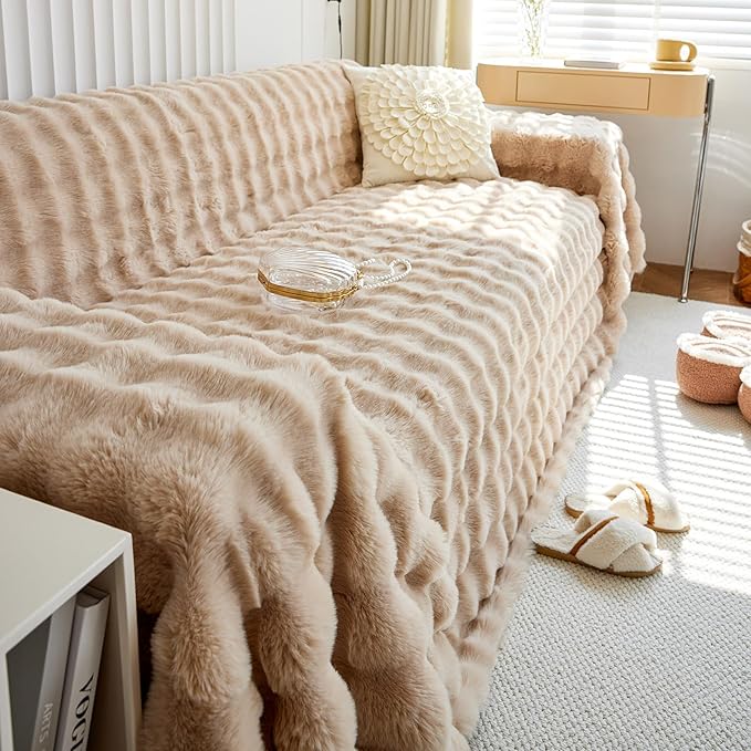 HANDONTIME Plush Sofa Slipcovers Washable Couch Cover for Sofa Super Soft Faux Fur Sofa Covers for 3 Couch Cousion Soild Khaki Rabbit Plush Couch Cushion Covers for Kids Pets, 71" X150"