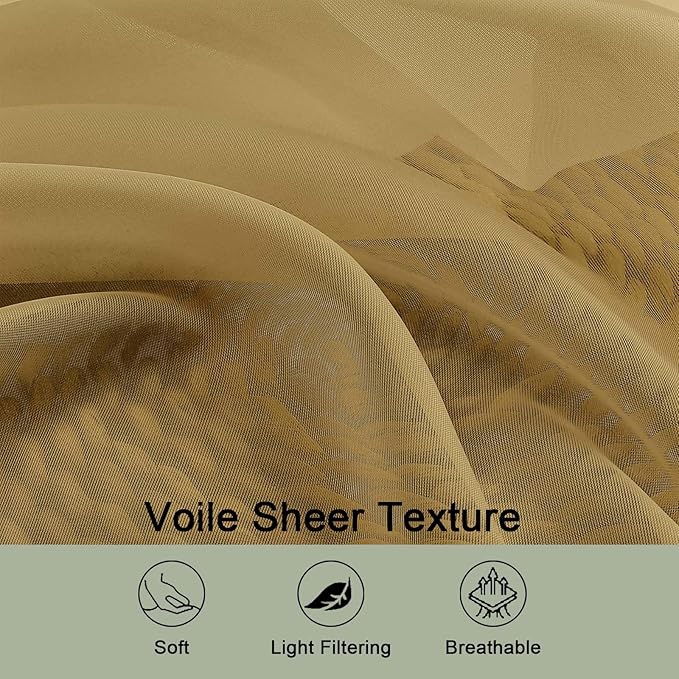 OWENIE Extra Long Gold Sheer Curtains 96 Inches Long 2 Panels Set, Soft Lightweight Airy Voile Sheer Curtain for Bedroom Living Room, Rod Pocket Solid Color Farmhouse Curtains, 59" Wx96 L Inch