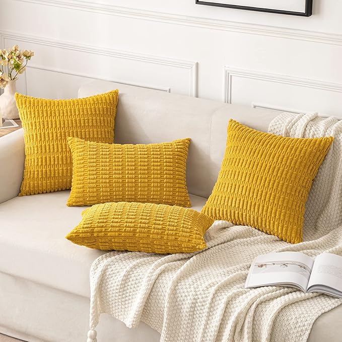 MIULEE Pack of 2 Corduroy Decorative Euro Sham Throw Pillow Covers 26x26 Inch Soft Boho Striped Pillow Covers Modern Farmhouse Home Decor for Summer Sofa Living Room Couch Bed Mustard Yellow