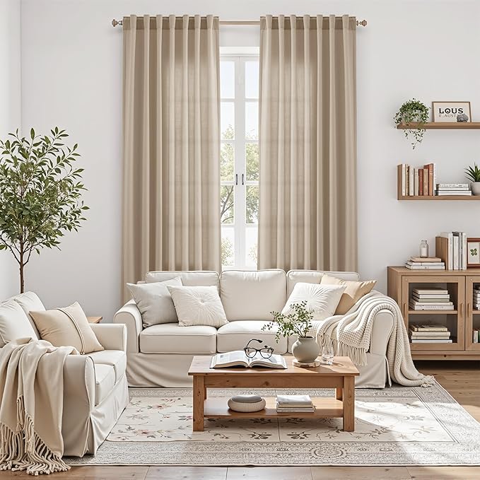 Sepia Beige Linen Curtains 108 Inches Long for Living Room Farmhouse Decor Light Filtering Semi Sheer Curtain Back Tab Rod Pocket Neutral Floor to Ceiling High Window for Bedroom 52x108, 2 Panels