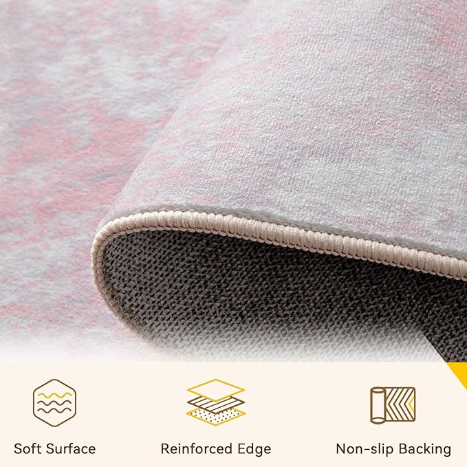 Washable Area Rugs 10'x14' Non-Slip Modern Abstract Soft for Living Room Entryway Bedroom Nursery, Print Pattern, Grey Pink