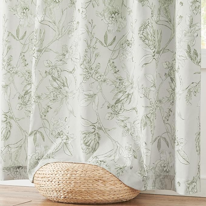 jinchan Floral Curtains 108 Inch Length Sage Green Flower Linen Farmhouse Curtain for Living Room French Country Vintage Curtain Rod Pocket Curtains Set 2 Panels Floral Printed
