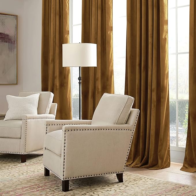 RYB HOME Brownish Gold Velvet Curtains 96 inch, Retro Vintage Room Darkening Window Curtains for Living Room Thermal Insulated Shades with Pleat Tape Pocket & Tabs for Bedroom, W52 x L96 inch, 2 Panel