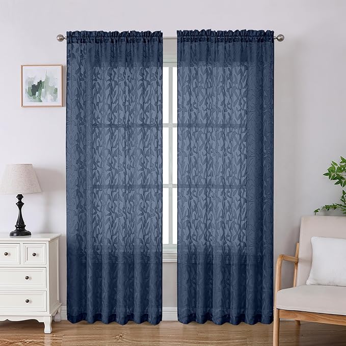 Lecloud Leia Navy Blue Sheer Curtains 84 Inches Long 2 Panels, Airy Leaf Textured Jacquard Drapes, Light Filtering & Privacy Window Curtains with Dual Rod Pocket for Living Room Bedroom, 52" W x 84" L