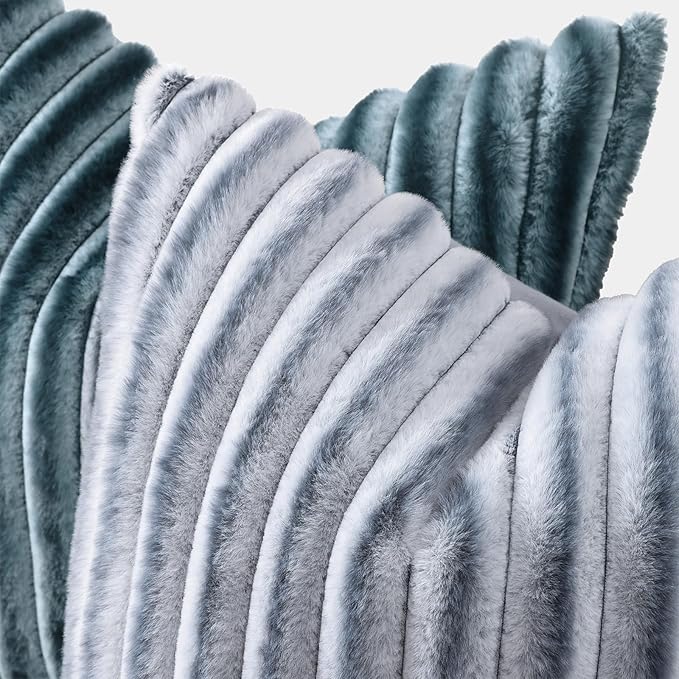 decorUhome Cozy Faux Fur Throw Pillow Covers 20x20 Set of 2 Decorative Soft Plush Striped Modern Farmhouse Boho Couch Pillow Cases with Velvet Back for Sofa Bed Living Room, Blue Grey