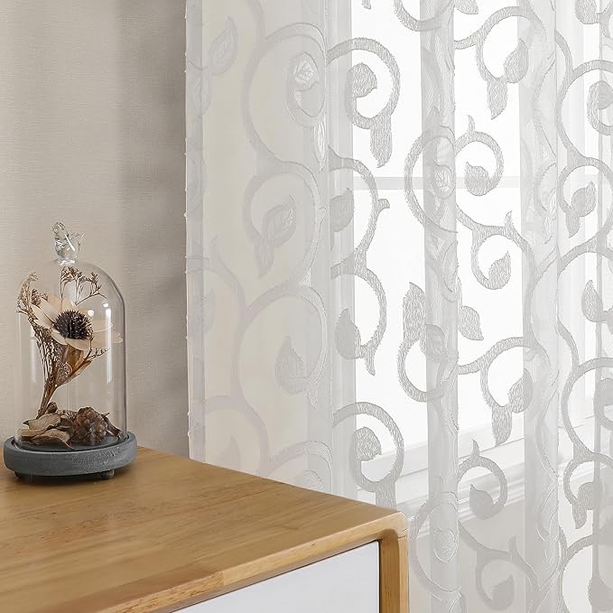 OWENIE Furman Ivory Sheer Curtains 84 inches Long for Bedroom Living Room 2 Panels Set, Jacquard Clip Light Filtering Semi Sheer Curtain Rod Pocket Window Drapes, 2 Pcs Each 40 W 84 L
