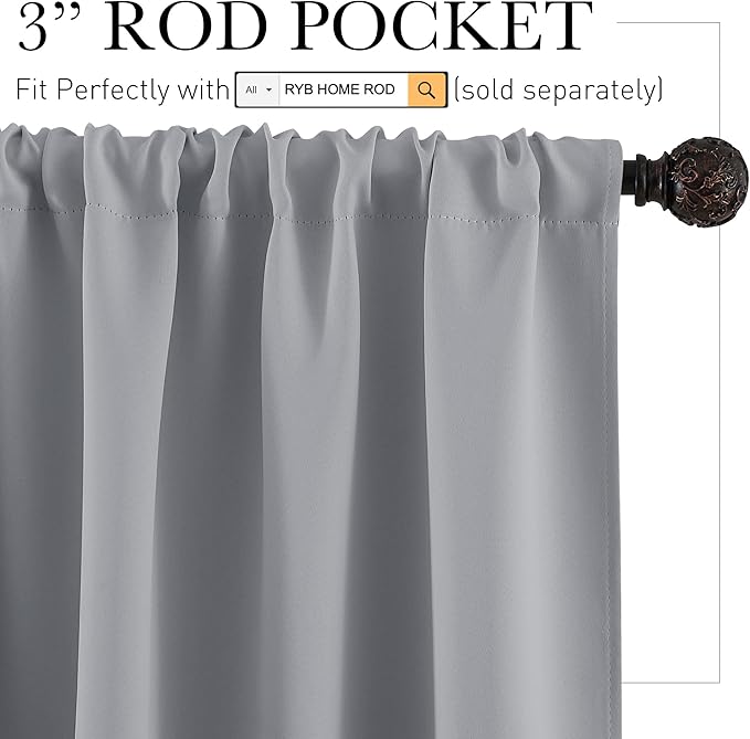 RYB HOME Short Silver Grey Blackout Curtains for Small Bedroom Window, Insulating UV Blocking Drapes for Kitchen Cafe Basement, Privacy Tiers for Bathroom Window, Width 42 by Length 36, Set of 2