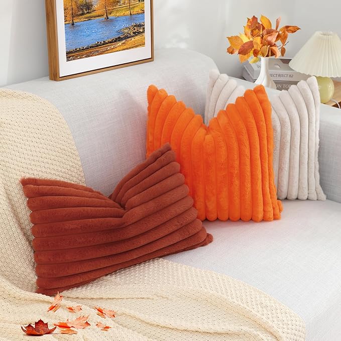 decorUhome Cozy Faux Fur Throw Pillow Covers 18x18 Set of 2 Decorative Soft Plush Striped Modern Farmhouse Boho Couch Pillow Cases with Velvet Back for Sofa Bed Living Room, Rust